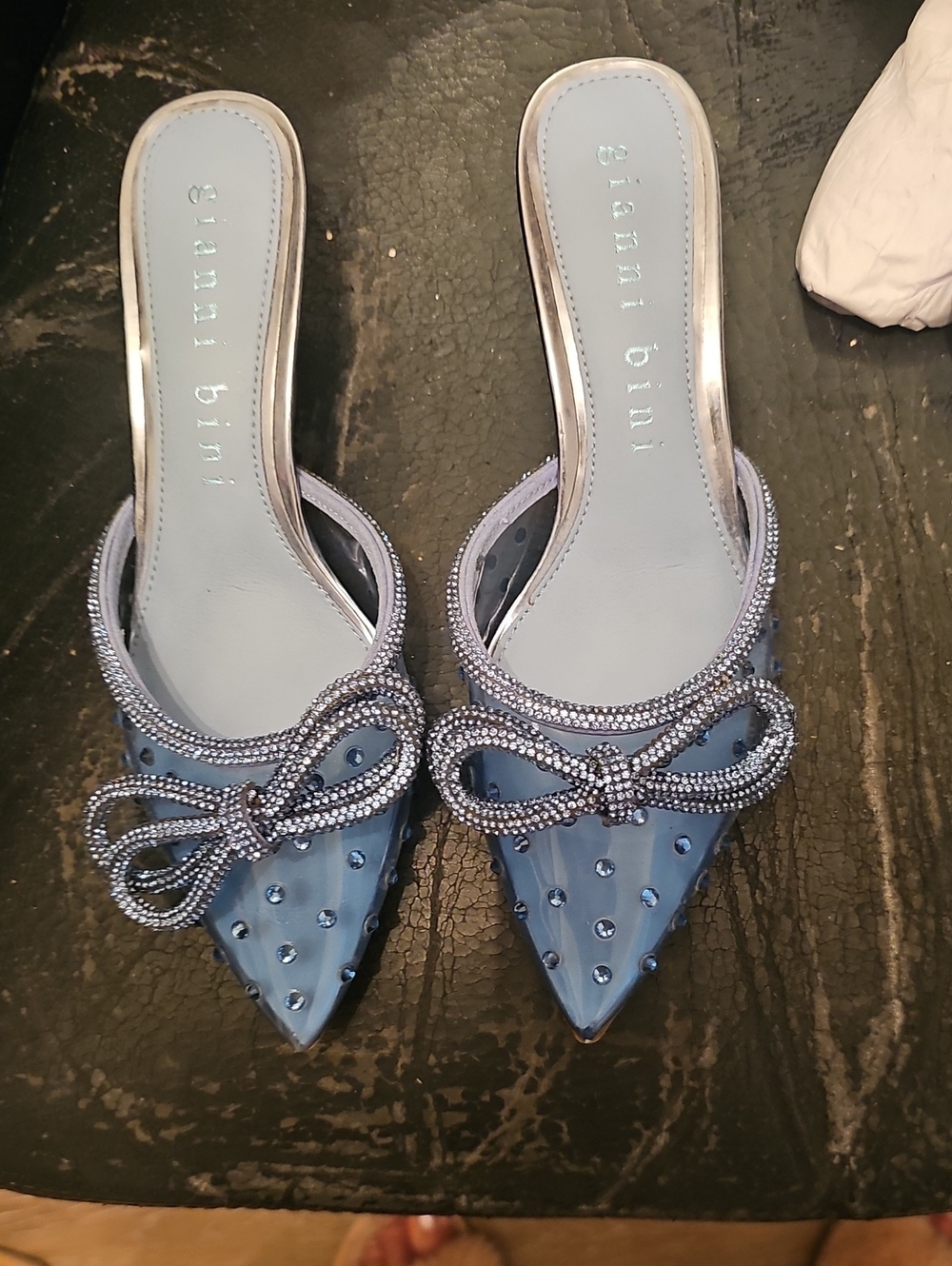 Gianni Bini Powder Blue Pointed Crystal Bow Mules